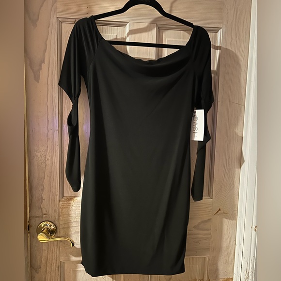 THE MYSTYLEMODE BLACK DOUBLE LINED OFF THE SHOULDER ELBOW CUT OUT MINI DRESS - Picture 6 of 9
